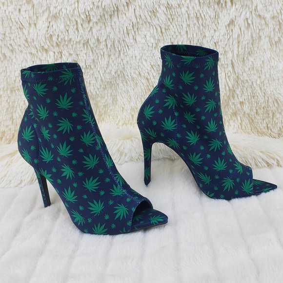 Cape Robbin Shoes - Navy Blue high heel ankle boot Pot Leaf Print